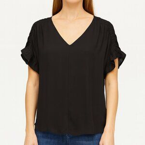 🖤 Ann Taylor Black V-Neck Blouse – Size Large – Ruched Sleeve Detail! 🖤